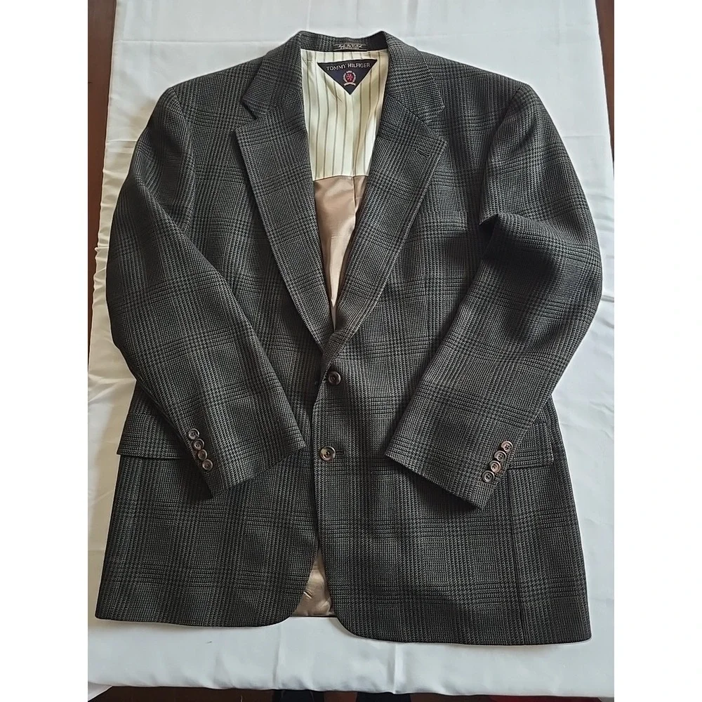 Vintage Tommy Hilfiger USA Men Wool 44R Sport Coat Blazer Suit Brown Herringbone